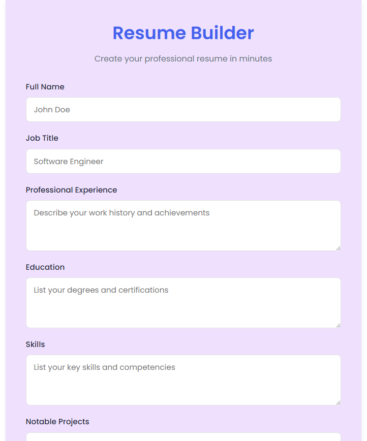 AI Resume Builder interface